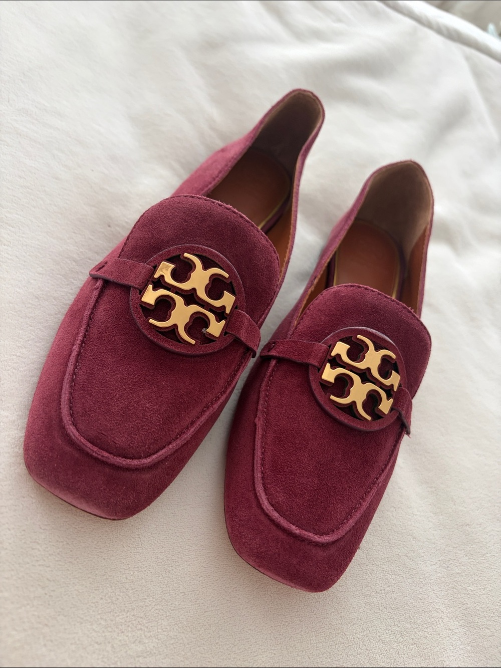 Tory Burch Burgundy Suede Logo-Disc Loafers